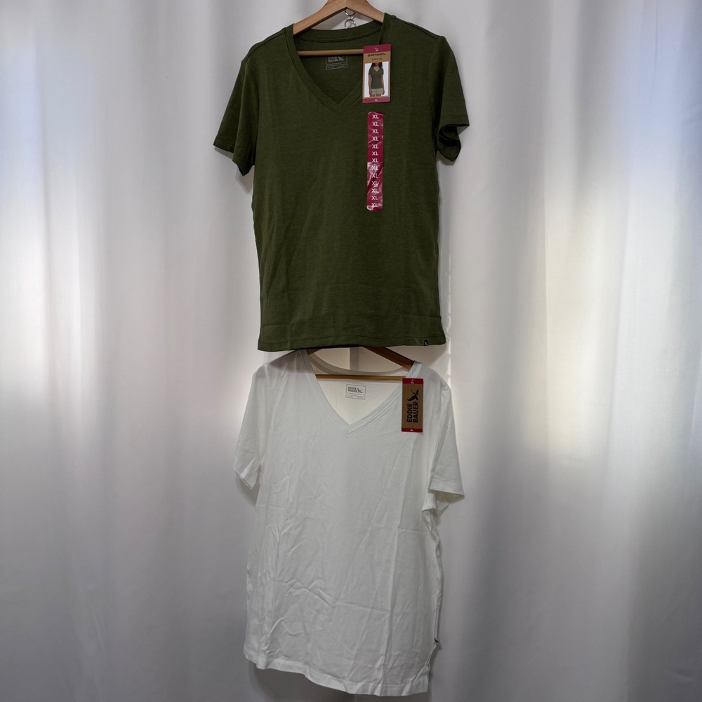 Eddie Bauer Womens V-Neck Tee 2-Pack Olive and White Short Sleeve Shirts XL NWT